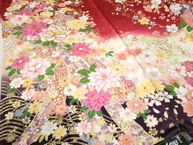 平和屋着物●豪華振袖　刺繍　束ね熨斗雪輪草花文　ラメ糸　暈し染め　金彩　仮絵羽　逸品　未使用　CABC6918yc 平和屋着物○豪華振袖 刺繍 束ね熨斗雪輪草花文 ラメ糸 暈し染め 金彩