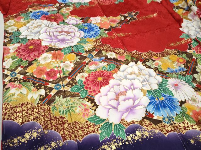 平和屋着物○豪華振袖 刺繍 天井牡丹花文 ラメ糸 暈し染め 金彩 仮絵羽 
