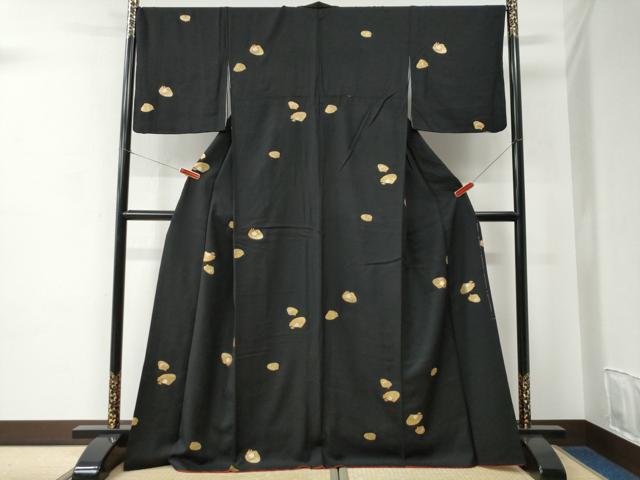 平和屋着物●上質な小紋　貝合わせ花文　黒地　金彩　ロング丈　正絹　逸品　CABC6969yc_1