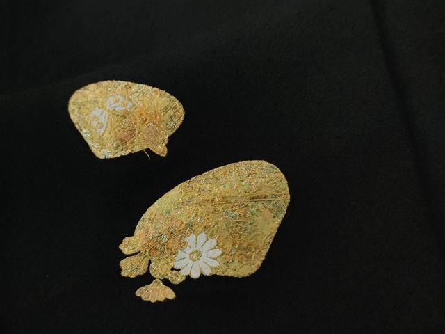 平和屋着物●上質な小紋　貝合わせ花文　黒地　金彩　ロング丈　正絹　逸品　CABC6969yc_4