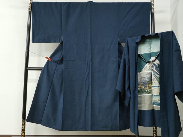 平和屋着物●男性　髭紬　アンサンブル　色無地　留紺色　正絹　逸品　CABC6994yc