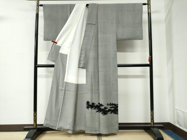 平和屋着物●江戸小紋　色留袖　小宮廉助　万筋　黒色×白鼠色　樹林シルエット　正絹　逸品　CABC7014yc_1