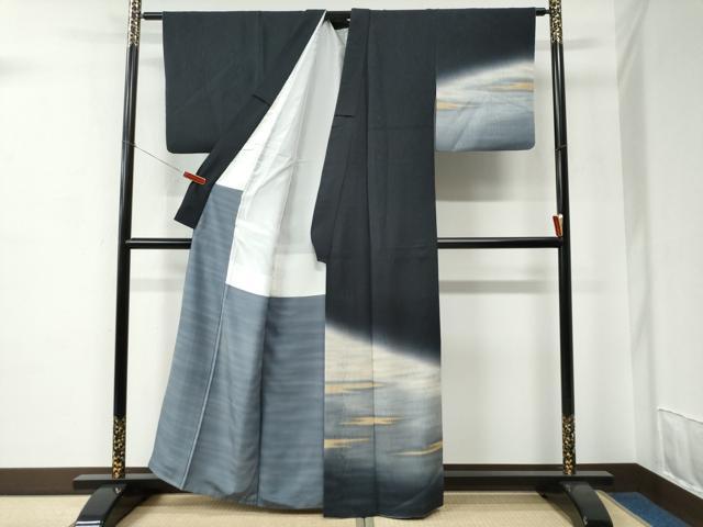 平和屋着物●日本舞踊家 岩井流宗元　岩井友見　訪問着　霞文　暈し染め　黒地　金彩　正絹　逸品　CABC7037yc_1