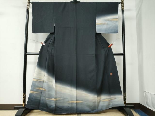 平和屋着物●日本舞踊家 岩井流宗元　岩井友見　訪問着　霞文　暈し染め　黒地　金彩　正絹　逸品　CABC7037yc 平和屋着物○日本舞踊家 岩井流宗元 岩井友見 訪問着 霞文 暈し染め