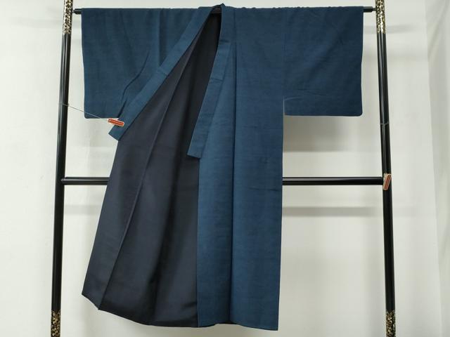 平和屋着物●男性　紬　アンサンブル　色無地　濃紺地　羽裏：虎　正絹　逸品　CABC7093yc_1