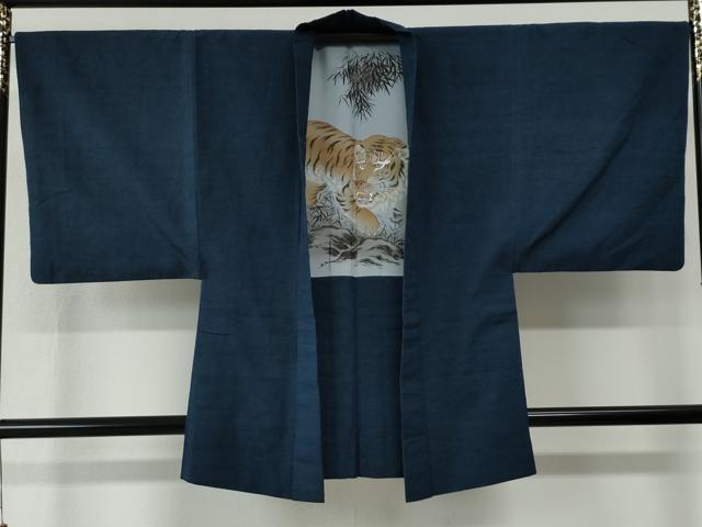 平和屋着物●男性　紬　アンサンブル　色無地　濃紺地　羽裏：虎　正絹　逸品　CABC7093yc_5