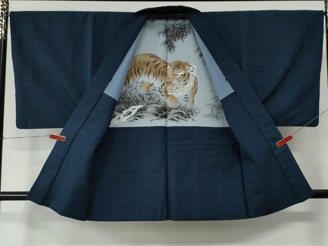 平和屋着物●男性　紬　アンサンブル　色無地　濃紺地　羽裏：虎　正絹　逸品　CABC7093yc_7
