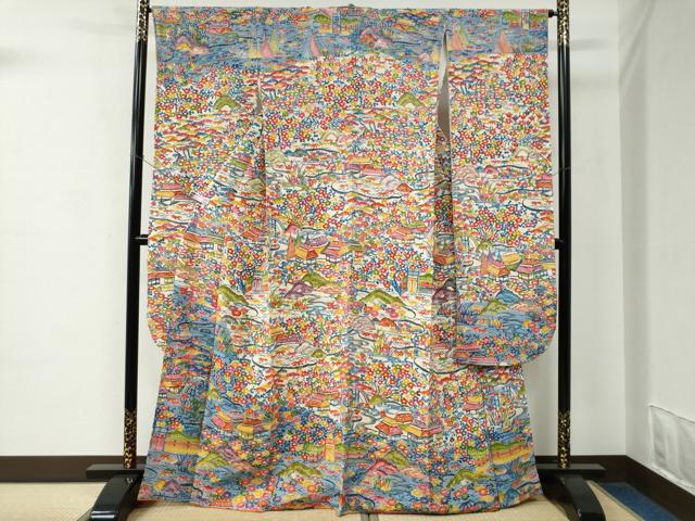 平和屋着物●豪華振袖　型染め　流水風景松竹梅花文　鬼しぼ縮緬　正絹　逸品　CABC7104yc