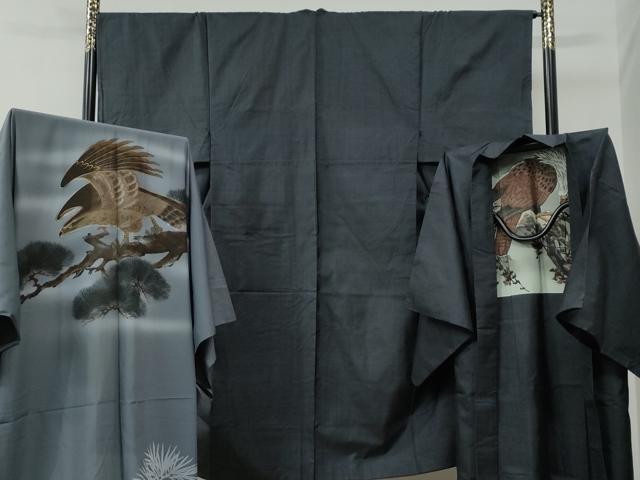 平和屋着物●男性　本場大島紬　アンサンブル・長襦袢セット　100亀甲　総詰め　羽裏・長襦袢：鷹　正絹　逸品　CABC7125yc