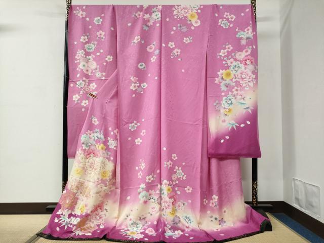 平和屋着物●豪華振袖　舞花文　ラメ糸　暈し染め　銀通し地　仮絵羽　逸品　未使用　CABC7144yc