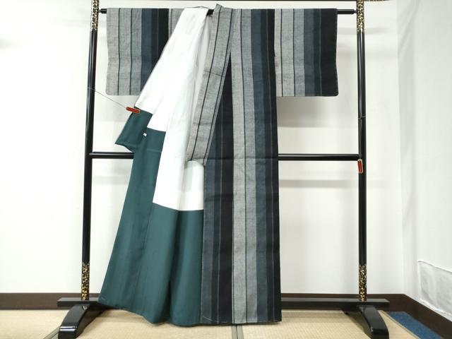 平和屋着物●本場結城紬　重要無形文化財　縞　証紙付き　正絹　逸品　未使用　CABC7191yc_2