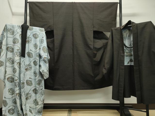 平和屋着物●男性　紬　アンサンブル・長襦袢セット　霞文　憲法黒茶色　正絹　逸品　CABC8031gh
