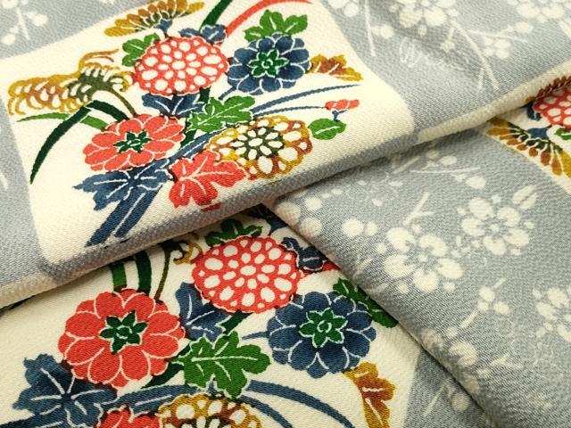 平和屋着物●上質な小紋　型染め　市松草花文　鬼しぼ縮緬　正絹　逸品　CABC8106gh