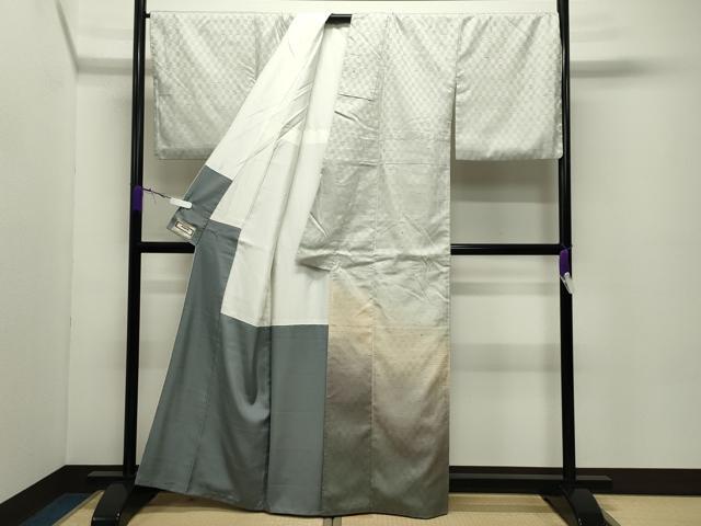 平和屋着物●訪問着　ぜんまい紬　市松霞文　正絹　逸品　CABC8221gh_1