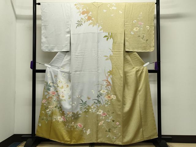 平和屋着物●訪問着　舞蝶花文　蛍暈し　金彩　反端付き　正絹　逸品　未使用　CABC8289gh 平和屋着物○訪問着 舞蝶花文 蛍暈し 金彩 反端