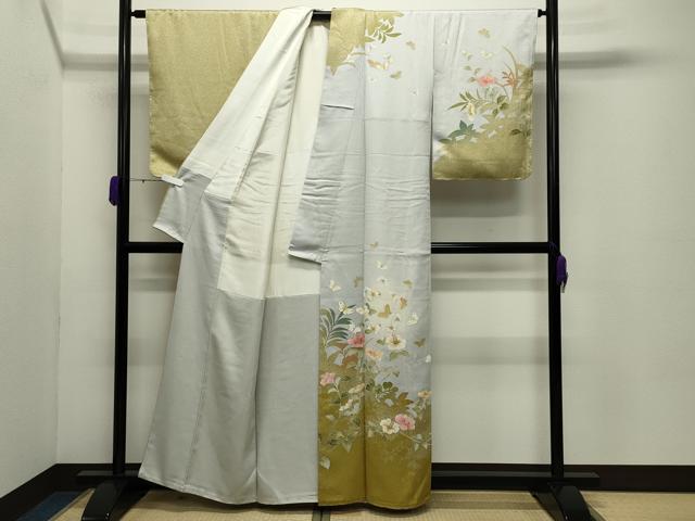 平和屋着物●訪問着　舞蝶花文　蛍暈し　金彩　反端付き　正絹　逸品　未使用　CABC8289gh 平和屋着物▽訪問着 単衣 花蝶文 暈し染め 金銀彩 正絹 逸品