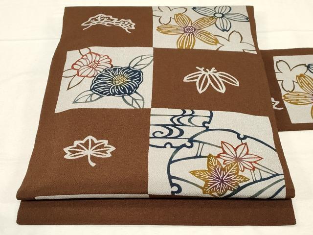 平和屋着物●九寸名古屋帯　型染め　雪輪草花文　鬼しぼ縮緬　正絹　逸品　CABC8410dy