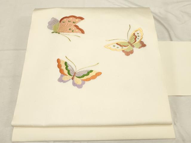 平和屋着物●塩瀬　九寸名古屋帯　総刺繍　舞蝶文　金糸　正絹　逸品　CABC8432dy 平和屋着物○塩瀬 九寸名古屋帯 総刺繍 舞蝶文 金糸 正絹 逸品