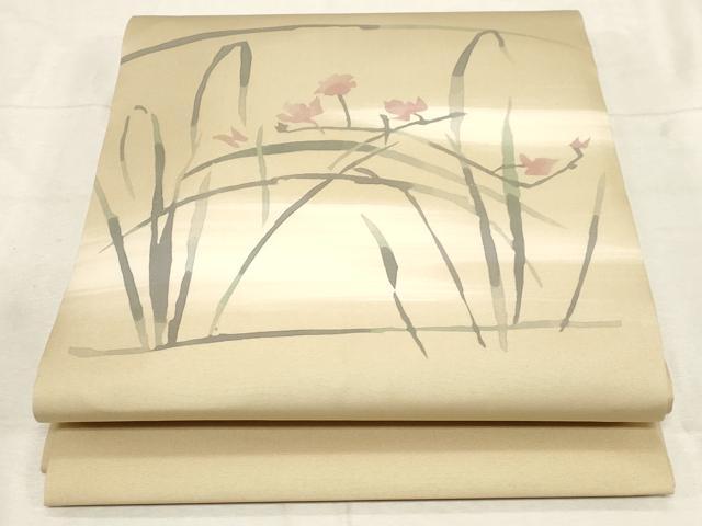平和屋着物●塩瀬　九寸開き名古屋帯　ろうけつ染め　草花文　逸品　CABC8439dy 平和屋着物○塩瀬 九寸開き名古屋帯 ろうけつ染め 草花文 逸品