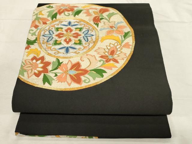 平和屋着物●爪掻き本綴れ　八寸名古屋帯　花絵皿文　黒地　金銀糸　正絹　逸品　CABC8441dy