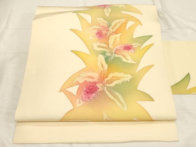 平和屋着物●塩瀬　九寸名古屋帯　作家物　ろうけつ染め　カトレア　正絹　逸品　CABC8456dy 平和屋着物○塩瀬 九寸名古屋帯 作家物 ろうけつ染め カトレア 正絹