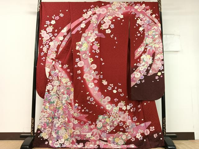 平和屋着物●豪華振袖　駒刺繍　束ね熨斗御所車花文　暈し染め　金通し地　京都きもの友禅扱い　正絹　逸品　CABC9720vp