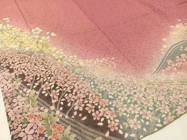 平和屋着物●豪華振袖　絞り　立波舞桜　暈し染め　金通し地　やまと誂製　正絹　逸品　CABC9722vp 平和屋着物○豪華振袖 絞り 立波舞桜 暈し染め 金通し地
