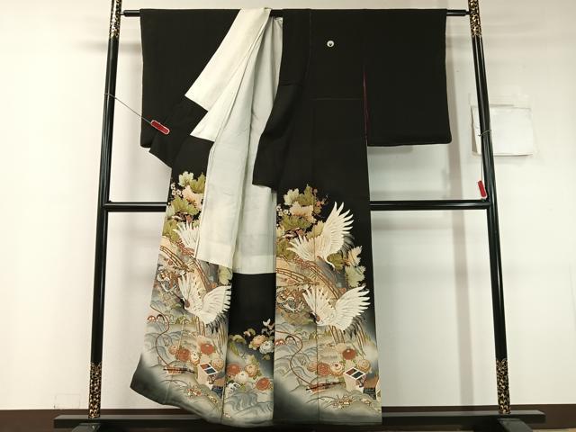 平和屋着物●アンティーク　大正ロマン　黒留袖　刺繍　立波飛鶴吉祥花文　暈し染め　金彩　正絹　逸品　CABC9807vp_1