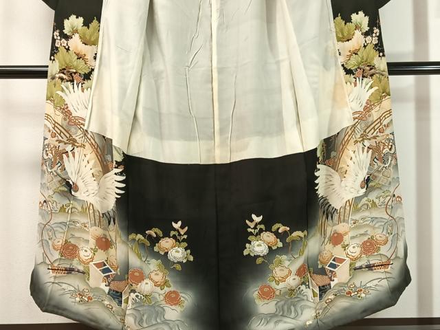 平和屋着物●アンティーク　大正ロマン　黒留袖　刺繍　立波飛鶴吉祥花文　暈し染め　金彩　正絹　逸品　CABC9807vp_2