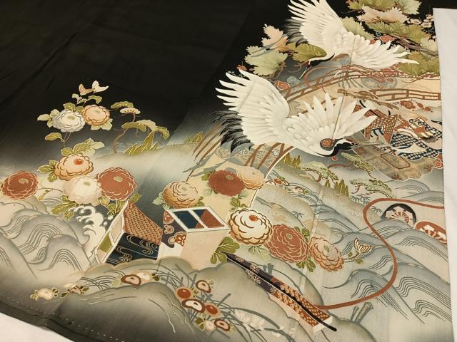 平和屋着物●アンティーク　大正ロマン　黒留袖　刺繍　立波飛鶴吉祥花文　暈し染め　金彩　正絹　逸品　CABC9807vp_4