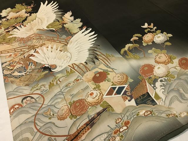 平和屋着物●アンティーク　大正ロマン　黒留袖　刺繍　立波飛鶴吉祥花文　暈し染め　金彩　正絹　逸品　CABC9807vp_3