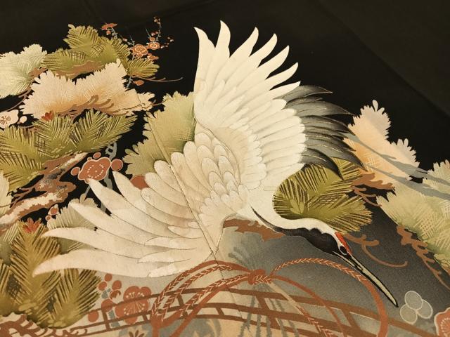 平和屋着物●アンティーク　大正ロマン　黒留袖　刺繍　立波飛鶴吉祥花文　暈し染め　金彩　正絹　逸品　CABC9807vp_5