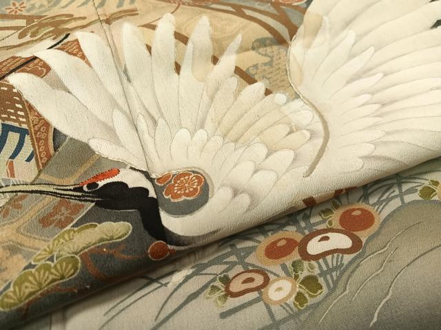 平和屋着物●アンティーク　大正ロマン　黒留袖　刺繍　立波飛鶴吉祥花文　暈し染め　金彩　正絹　逸品　CABC9807vp_6
