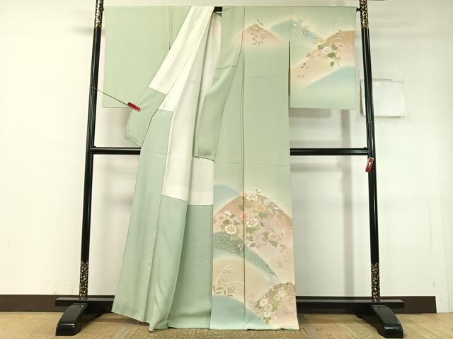 平和屋着物●訪問着　駒刺繍　重ね山花文　暈し染め　金彩　正絹　逸品　CABC9858vp_1