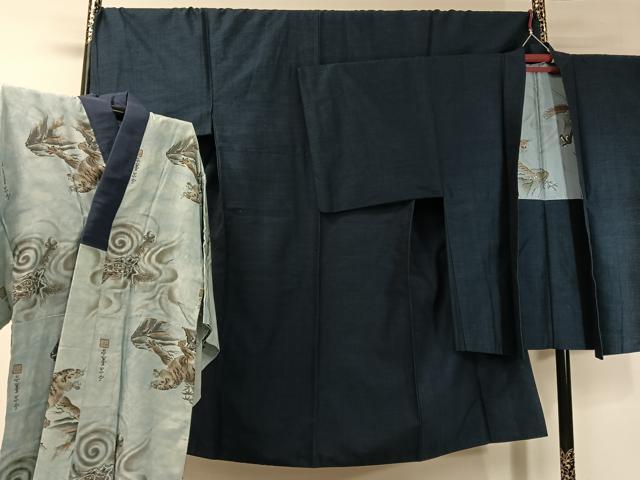 平和屋着物●男性　紬　アンサンブル　長襦袢セット　濃藍色　やまと誂製　正絹　逸品　CABC9873vp 平和屋着物○男性 紬 アンサンブル 長襦袢セット 濃藍色 やまと誂製 正絹
