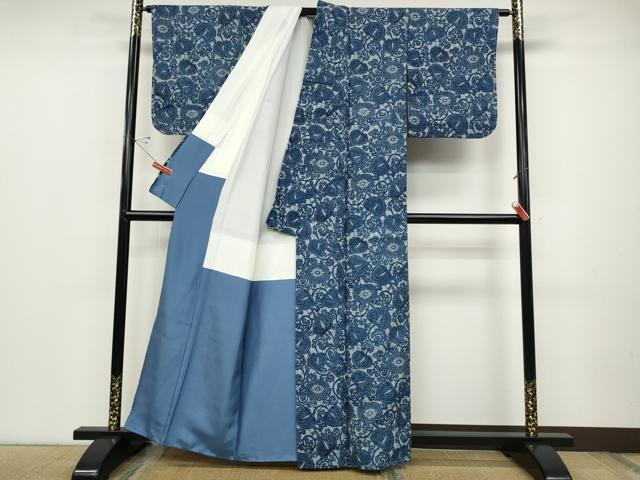 平和屋着物●上質な紬　本藍型絵染め　刺し子　葵唐草文　正絹　逸品　CABD0016ut 平和屋着物○上質な紬 本藍型絵染め 刺し子 葵唐草文