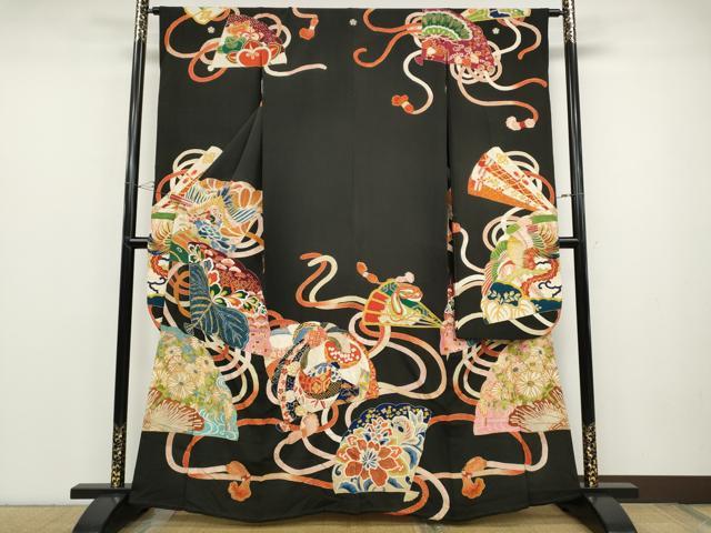 平和屋着物●アンティーク　大正ロマン　振袖　刺繍　扇面飛鶴草花文　黒地　金銀彩　正絹　逸品　CABD0022ut