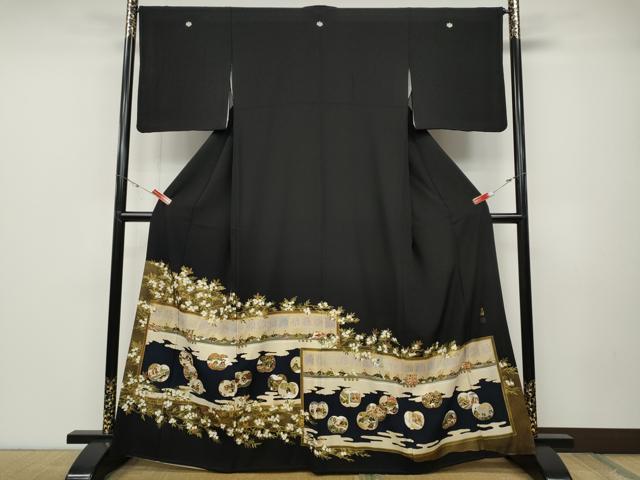 平和屋着物●松尾光琳　黒留袖　駒刺繍　百人一首　人物花文　金彩　正絹　逸品　CABD0046ut