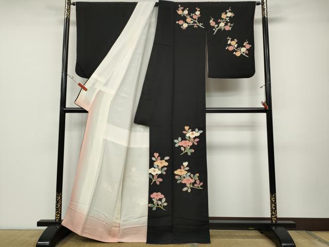 平和屋着物●本加賀友禅作家　談議所栄二　訪問着　枝花文　黒地　正絹　逸品　CABD0058ut 平和屋着物○本加賀友禅作家 談議所栄二 訪問着 枝花文 黒地 正絹 逸品