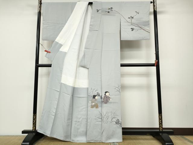 平和屋着物●十日町友禅作家　関口遼一　訪問着　童子遊び　雀　正絹　逸品　CABD0112ut_1