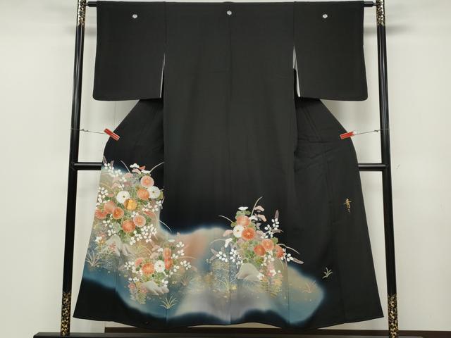 平和屋着物●京友禅の第一人者　松井青々　黒留袖　駒刺繍　草花文　暈し染め　金彩　正絹　逸品　CABD0175ut