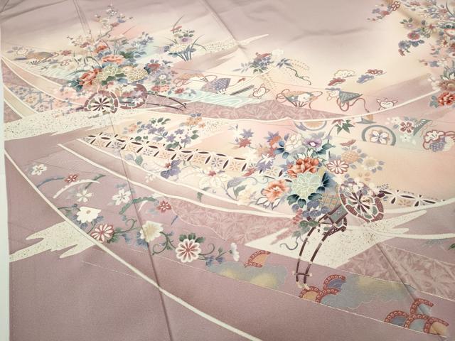 平和屋着物●訪問着　扇面吉祥花車文　暈し染め　金彩　正絹　逸品　未使用　CABD0195ut 平和屋着物○訪問着 扇面吉祥花車文 暈し染め 金彩 正絹 逸品 未使用