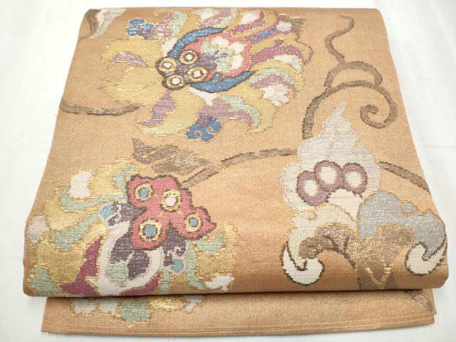 平和屋着物●太鼓柄袋帯　更紗花文　金銀糸　正絹　逸品　CABD0403hy