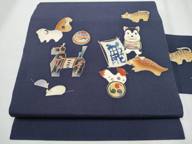 平和屋着物●九寸名古屋帯　十二支　金彩　鬼しぼ縮緬　正絹　逸品　CABD0423hy