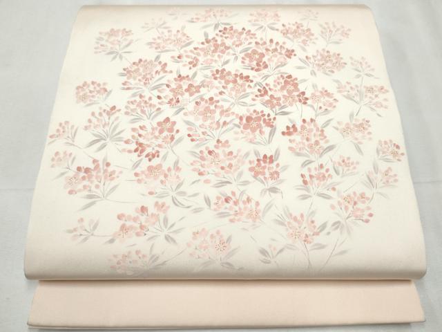 平和屋着物●塩瀬　九寸開き名古屋帯　手描き　枝花文　正絹　逸品　CABD0425hy