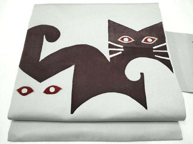 平和屋着物●九寸名古屋帯　刺繍　猫　正絹　逸品　CABD0433hy