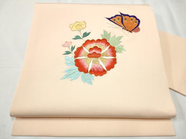 平和屋着物●塩瀬　九寸名古屋帯　駒刺繍　総刺繍　花蝶文　金糸　正絹　逸品　CABD0467hy