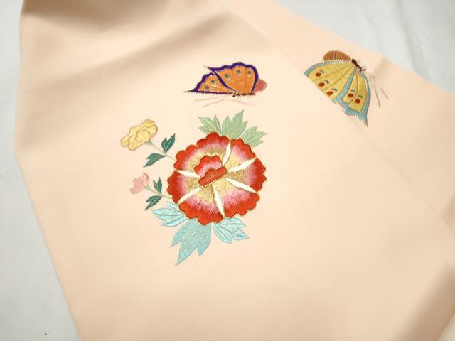 平和屋着物●塩瀬　九寸名古屋帯　駒刺繍　総刺繍　花蝶文　金糸　正絹　逸品　CABD0467hy
