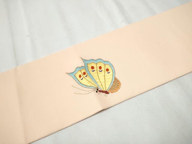 平和屋着物●塩瀬　九寸名古屋帯　駒刺繍　総刺繍　花蝶文　金糸　正絹　逸品　CABD0467hy