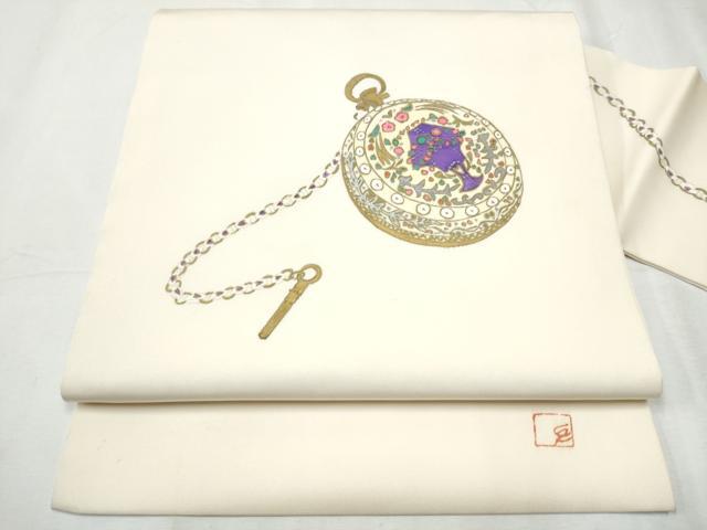 平和屋着物●塩瀬　九寸名古屋帯　作家物　懐中時計　金彩　正絹　逸品　CABD0477hy 平和屋着物○塩瀬 九寸名古屋帯 作家物 懐中時計 金彩 正絹 逸品